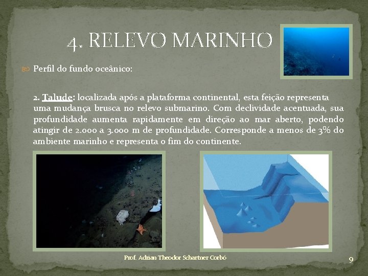 4. RELEVO MARINHO Perfil do fundo oceânico: 2. Talude: localizada após a plataforma continental,