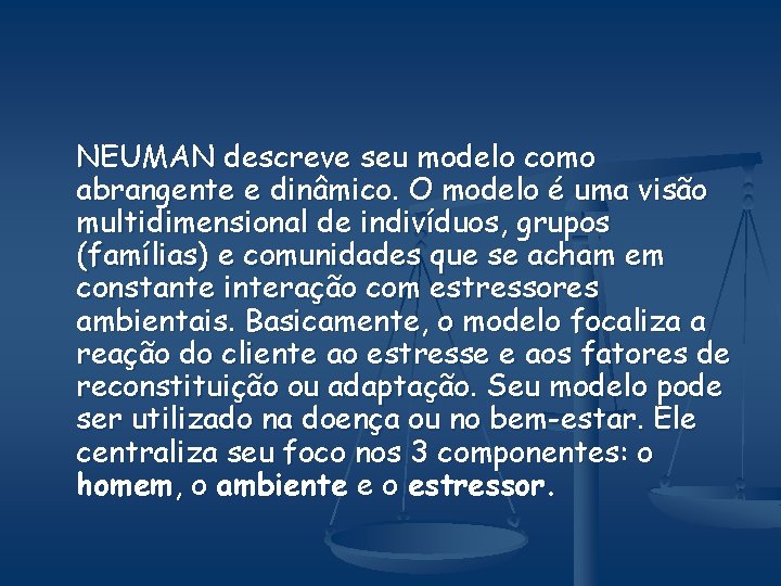 NEUMAN descreve seu modelo como abrangente e dinâmico. O modelo é uma visão multidimensional
