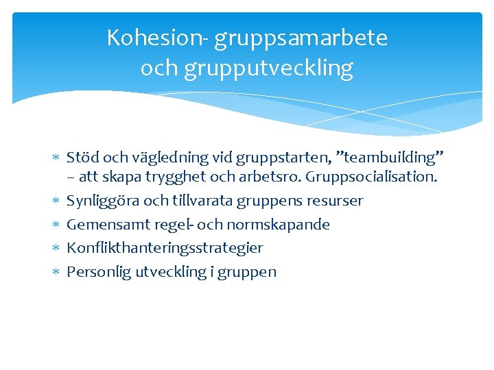 Kohesion- gruppsamarbete och grupputveckling Stöd och vägledning vid gruppstarten, ”teambuilding” – att skapa trygghet