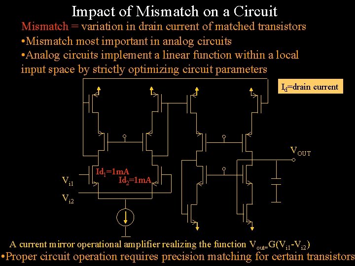 Impact of Mismatch on a Circuit Mismatch = variation in drain current of matched