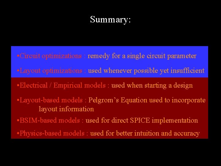 Summary: • Circuit optimizations : remedy for a single circuit parameter • Layout optimizations