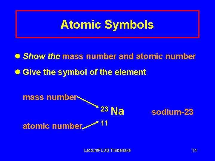 Atomic Symbols l Show the mass number and atomic number l Give the symbol