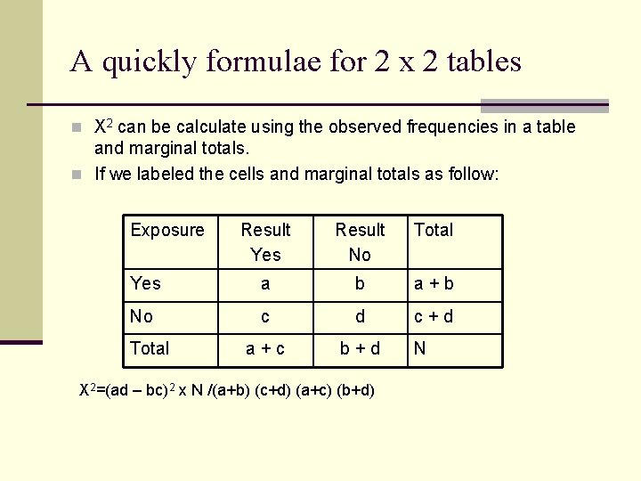 A quickly formulae for 2 x 2 tables n X 2 can be calculate