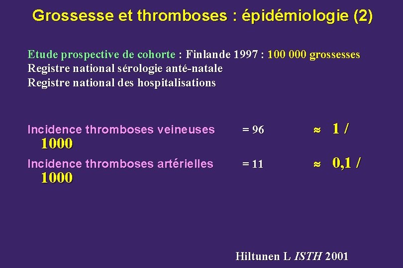 Grossesse et thromboses : épidémiologie (2) Etude prospective de cohorte : Finlande 1997 :