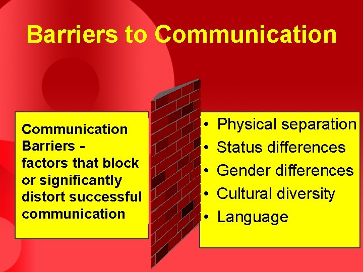Barriers to Communication Barriers factors that block or significantly distort successful communication • •