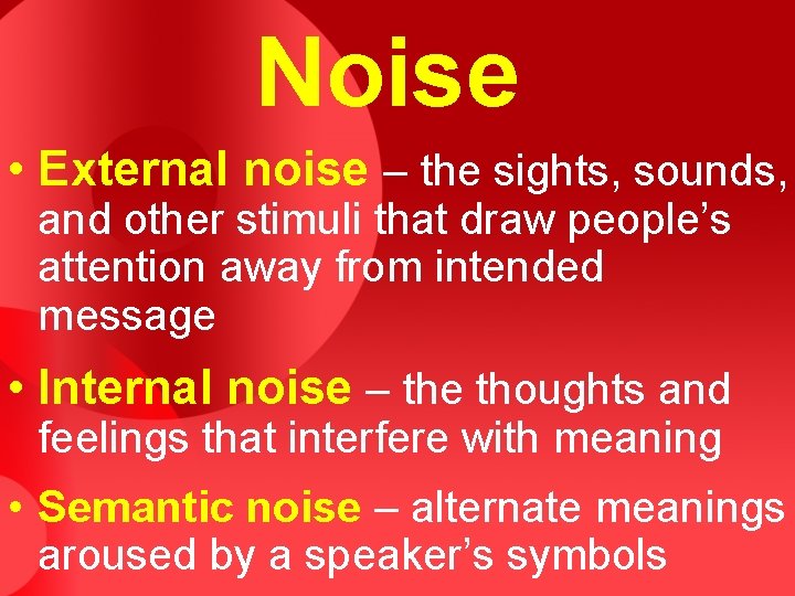 Noise • External noise – the sights, sounds, and other stimuli that draw people’s