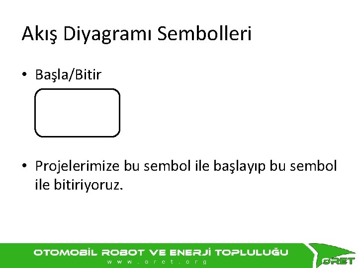 Akış Diyagramı Sembolleri • Başla/Bitir • Projelerimize bu sembol ile başlayıp bu sembol ile