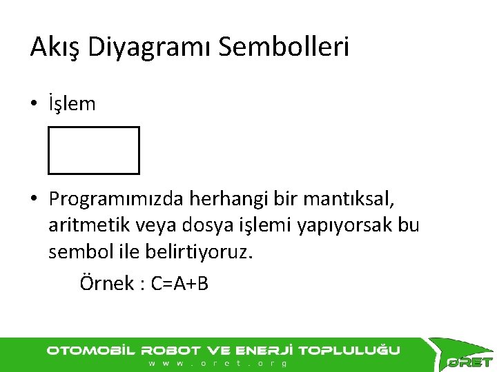 Akış Diyagramı Sembolleri • İşlem • Programımızda herhangi bir mantıksal, aritmetik veya dosya işlemi