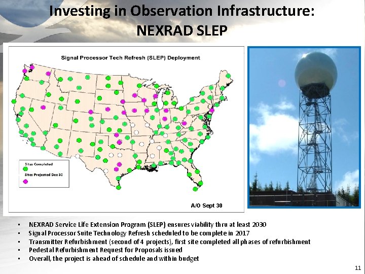Investing in Observation Infrastructure: NEXRAD SLEP A/O Jan 6, 2017 A/O Sept 30 •