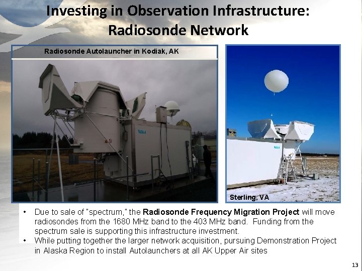 Investing in Observation Infrastructure: Radiosonde Network Radiosonde Autolauncher in Kodiak, AK Sterling, VA •