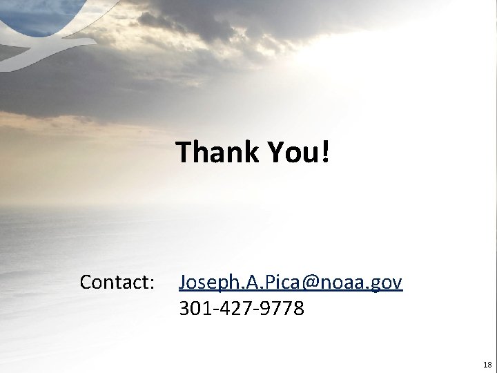 Thank You! Contact: Joseph. A. Pica@noaa. gov 301 -427 -9778 18 