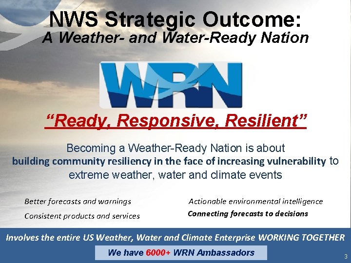 NWS Strategic Outcome: A Weather- and Water-Ready Nation “Ready, Responsive, Resilient” Becoming a Weather-Ready