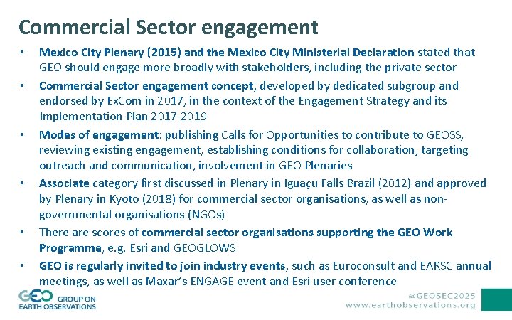 Commercial Sector engagement • • • Mexico City Plenary (2015) and the Mexico City