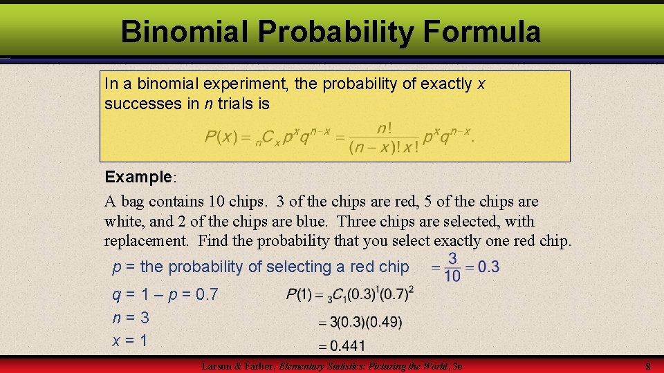 Binomial Probability Formula In a binomial experiment, the probability of exactly x successes in