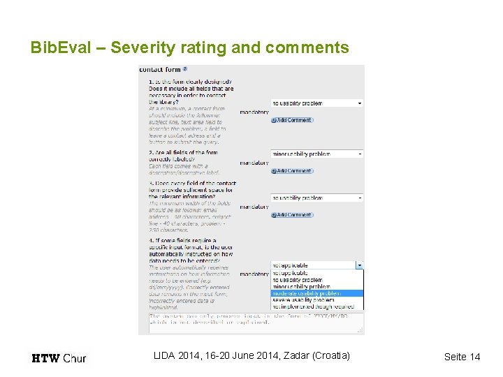 Bib. Eval – Severity rating and comments LIDA 2014, 16 -20 June 2014, Zadar