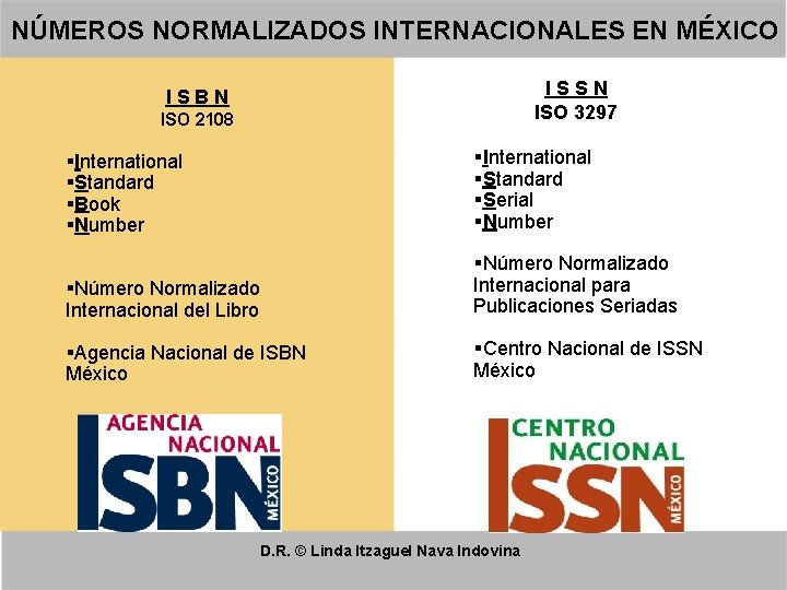 NÚMEROS NORMALIZADOS INTERNACIONALES EN MÉXICO ISSN ISO 3297 ISBN ISO 2108 International Standard Book
