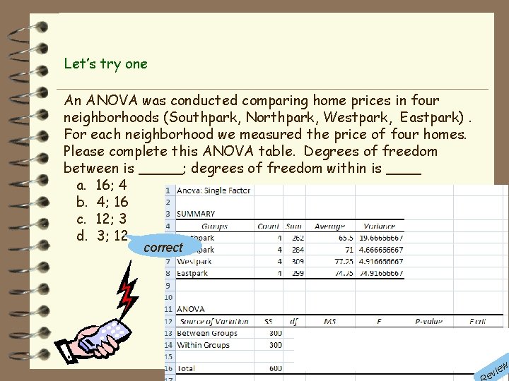 Let’s try one An ANOVA was conducted comparing home prices in four neighborhoods (Southpark,