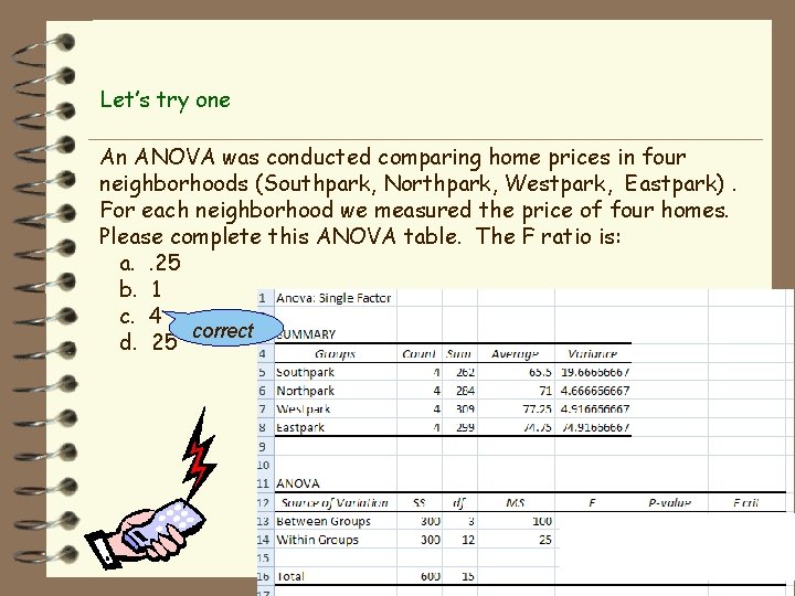 Let’s try one An ANOVA was conducted comparing home prices in four neighborhoods (Southpark,