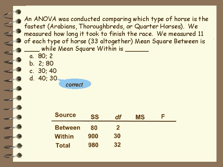 An ANOVA was conducted comparing which type of horse is the fastest (Arabians, Thoroughbreds,