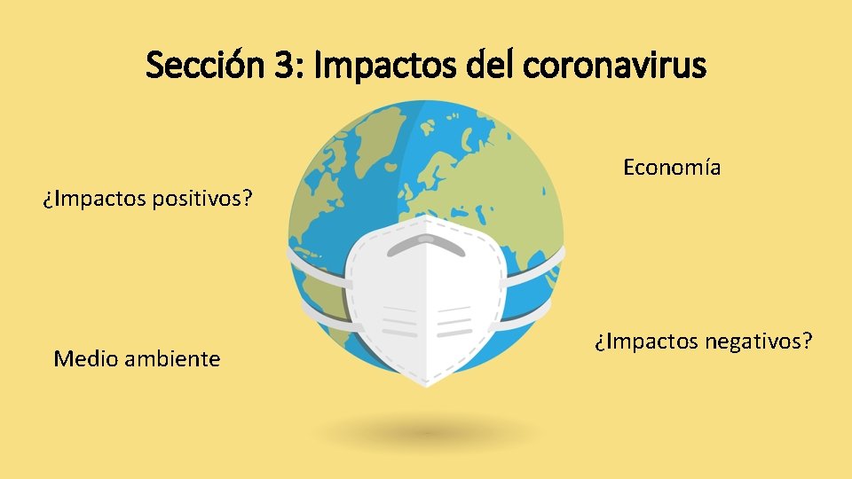 Sección 3: Impactos del coronavirus Economía ¿Impactos positivos? Medio ambiente ¿Impactos negativos? 
