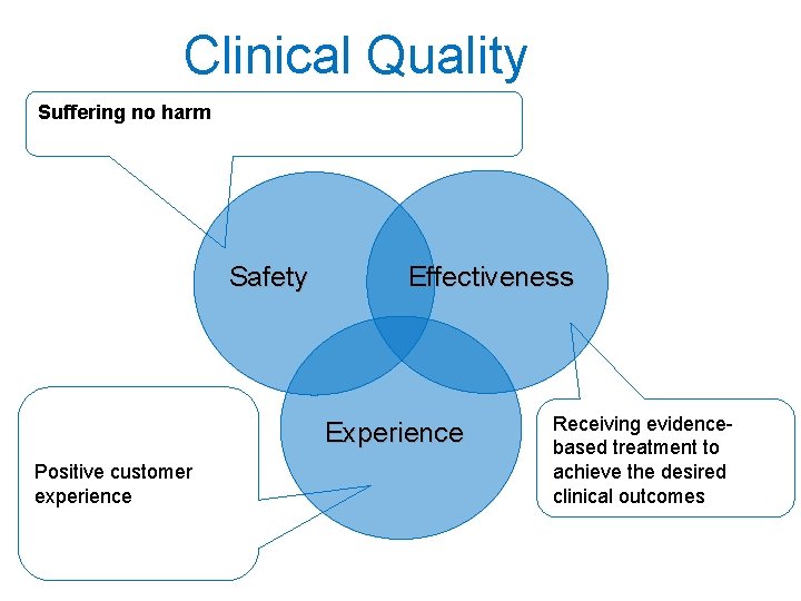 Clinical Quality Suffering no harm Safety Effectiveness Experience Positive customer experience Receiving evidencebased treatment