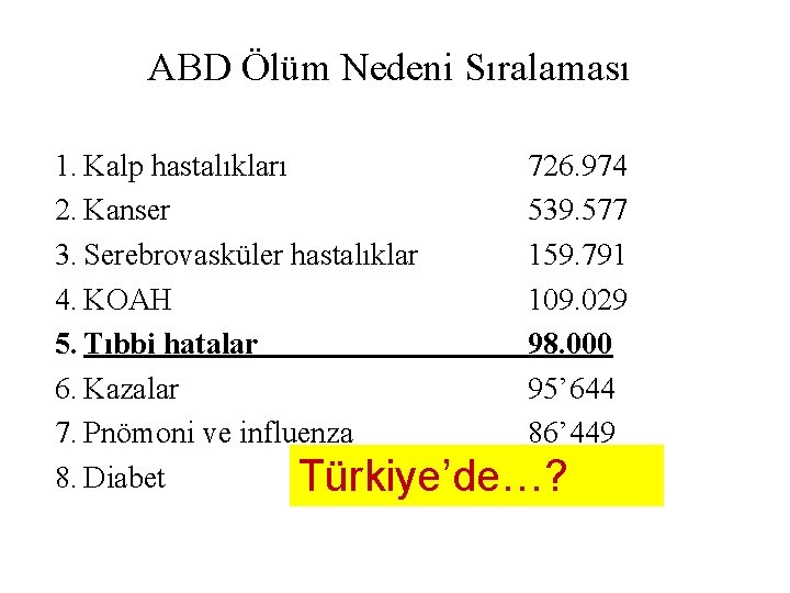 ABD Ölüm Nedeni Sıralaması 1. Kalp hastalıkları 726. 974 2. Kanser 539. 577 3.