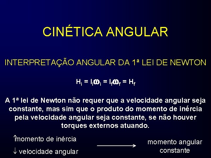 CINÉTICA ANGULAR INTERPRETAÇÃO ANGULAR DA 1ª LEI DE NEWTON H i = I i