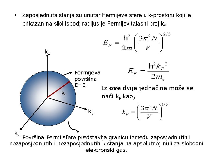  • Zaposjednuta stanja su unutar Fermijeve sfere u k-prostoru koji je prikazan na