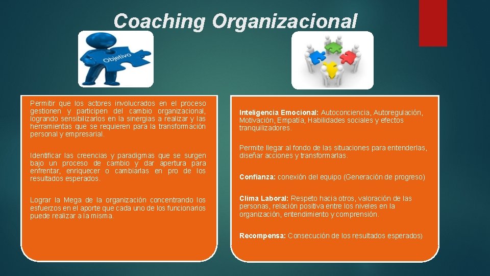 Coaching Organizacional Permitir que los actores involucrados en el proceso gestionen y participen del