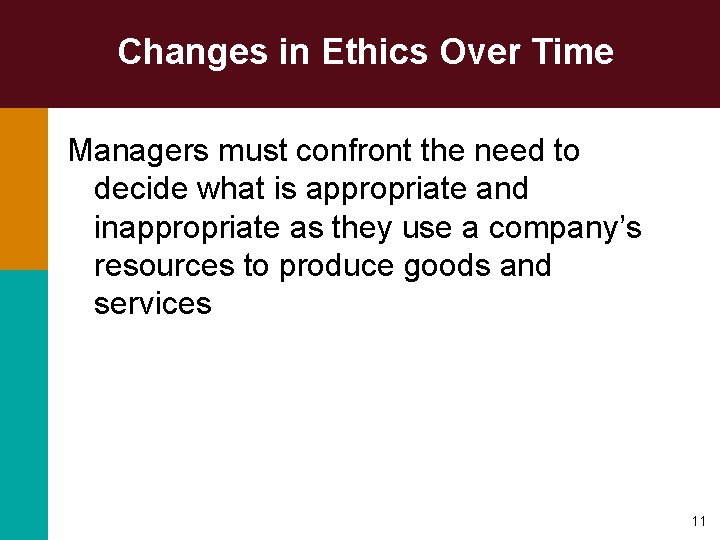 Changes in Ethics Over Time Managers must confront the need to decide what is