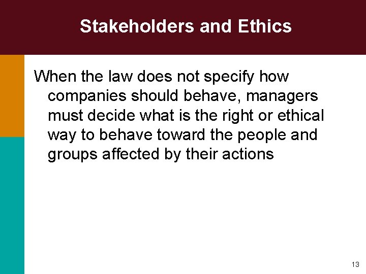 Stakeholders and Ethics When the law does not specify how companies should behave, managers