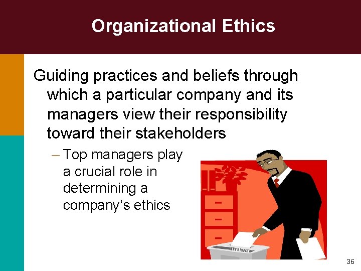 Organizational Ethics Guiding practices and beliefs through which a particular company and its managers