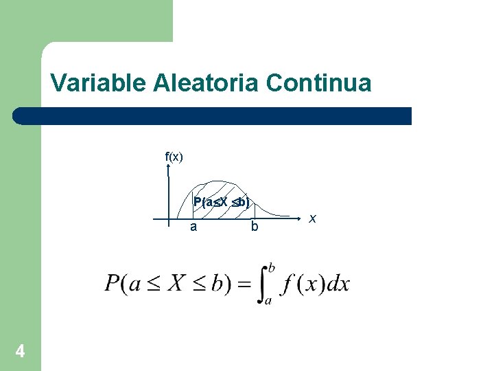 Variable Aleatoria Continua f(x) P(a X b) a 4 b x 