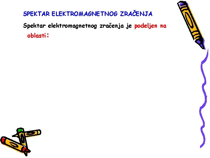 SPEKTAR ELEKTROMAGNETNOG ZRAČENJA Spektar elektromagnetnog zračenja je podeljen na oblasti: 