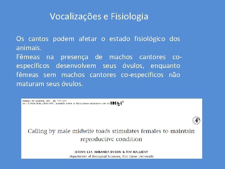 Vocalizações e Fisiologia Os cantos podem afetar o estado fisiológico dos animais. Fêmeas na