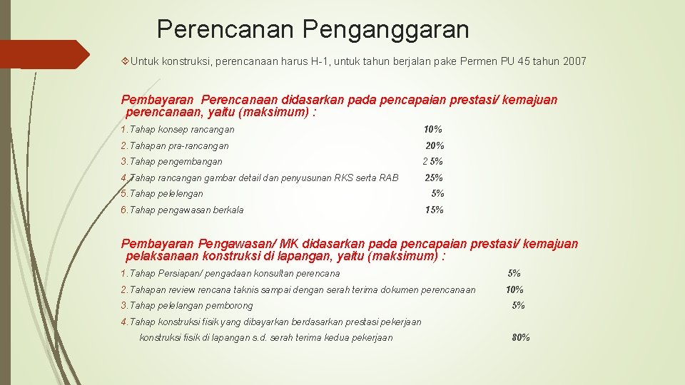 Perencanan Penganggaran Untuk konstruksi, perencanaan harus H-1, untuk tahun berjalan pake Permen PU 45