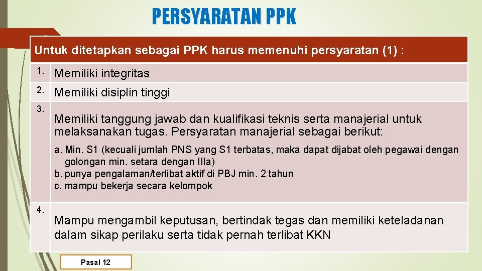 PERSYARATAN PPK 5 Untuk ditetapkan sebagai PPK harus memenuhi persyaratan (1) : 1. Memiliki