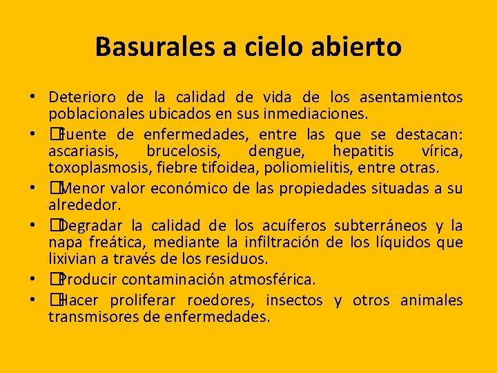 Basurales a cielo abierto • Deterioro de la calidad de vida de los asentamientos