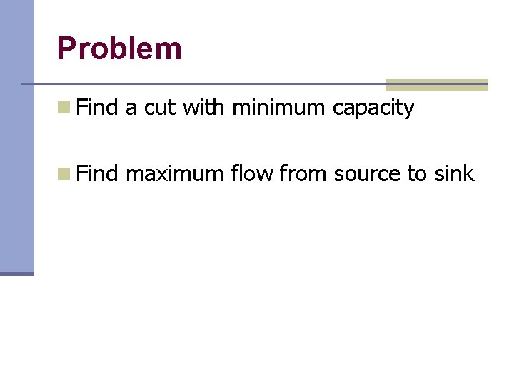 Problem n Find a cut with minimum capacity n Find maximum flow from source Problem n Find a cut with minimum capacity n Find maximum flow from source