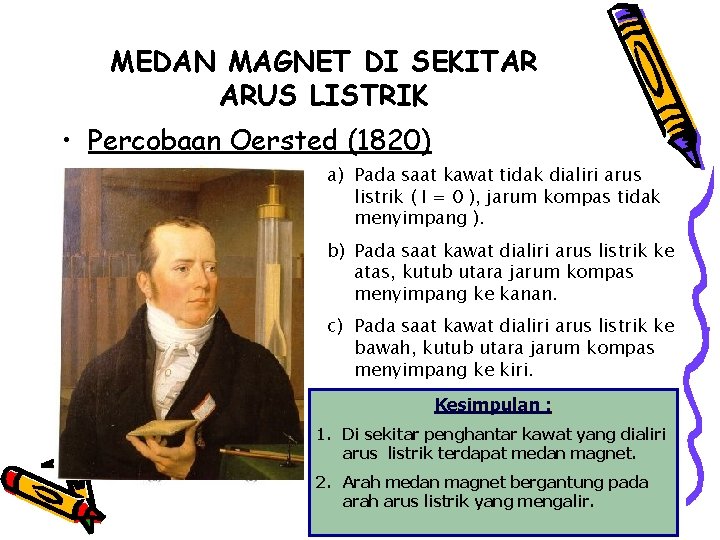 MEDAN MAGNET DI SEKITAR ARUS LISTRIK • Percobaan Oersted (1820) a) Pada saat kawat