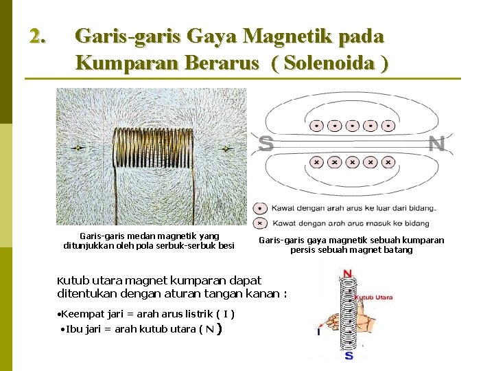 2. Garis-garis Gaya Magnetik pada Kumparan Berarus ( Solenoida ) Garis-garis medan magnetik yang