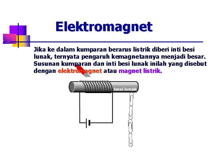 Elektromagnet Jika ke dalam kumparan berarus listrik diberi inti besi lunak, ternyata pengaruh kemagnetannya