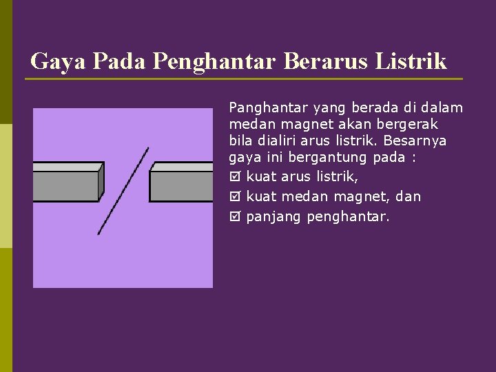 Gaya Pada Penghantar Berarus Listrik Panghantar yang berada di dalam medan magnet akan bergerak