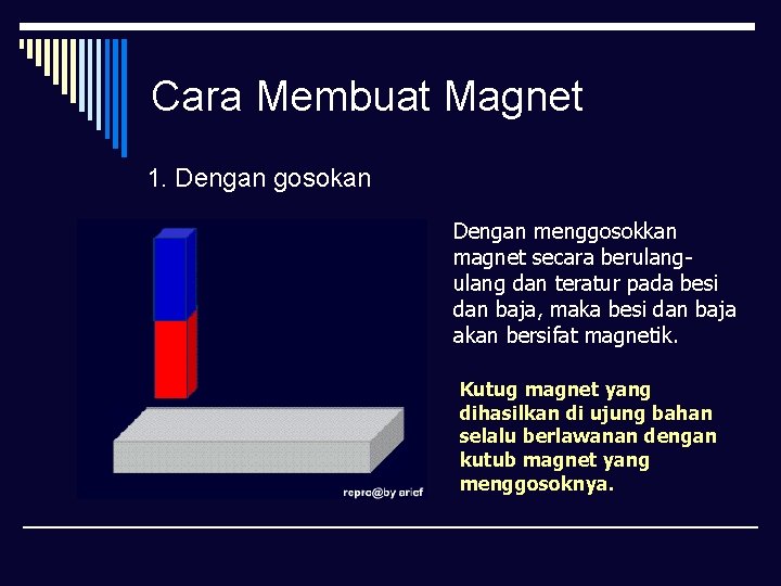 Cara Membuat Magnet 1. Dengan gosokan Dengan menggosokkan magnet secara berulang dan teratur pada