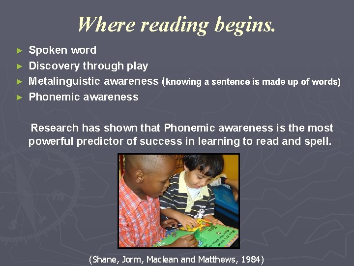 Where reading begins. Spoken word ► Discovery through play ► Metalinguistic awareness (knowing a
