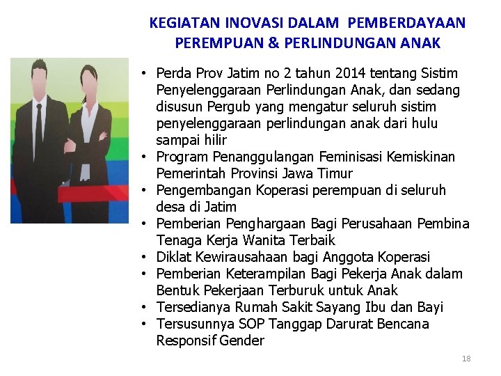 KEGIATAN INOVASI DALAM PEMBERDAYAAN PEREMPUAN & PERLINDUNGAN ANAK • Perda Prov Jatim no 2