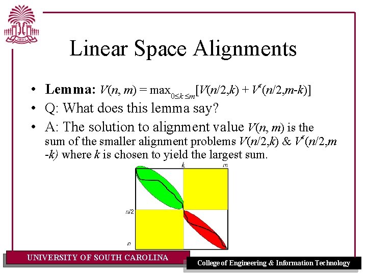 Linear Space Alignments • Lemma: V(n, m) = max 0 k m[V(n/2, k) +