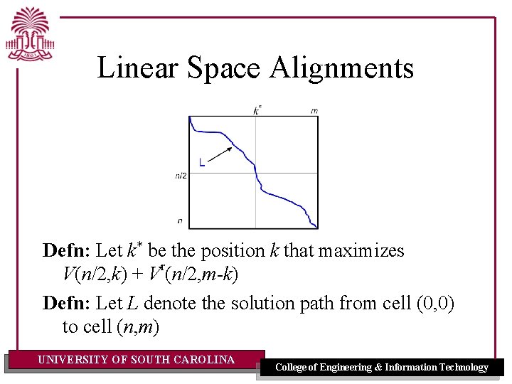 Linear Space Alignments Defn: Let k* be the position k that maximizes V(n/2, k)
