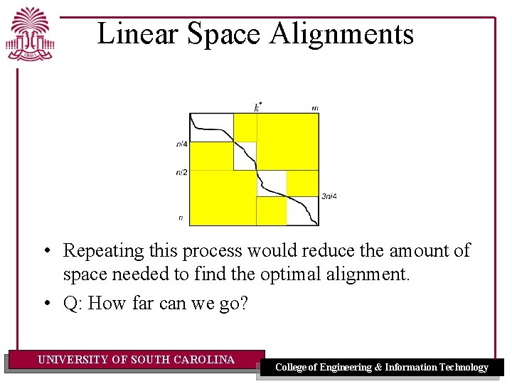 Linear Space Alignments • Repeating this process would reduce the amount of space needed