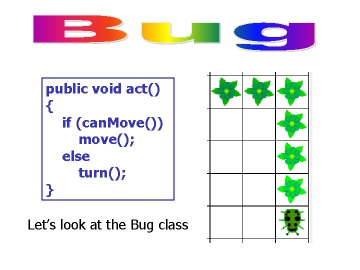 public void act() { if (can. Move()) move(); else turn(); } Let’s look at